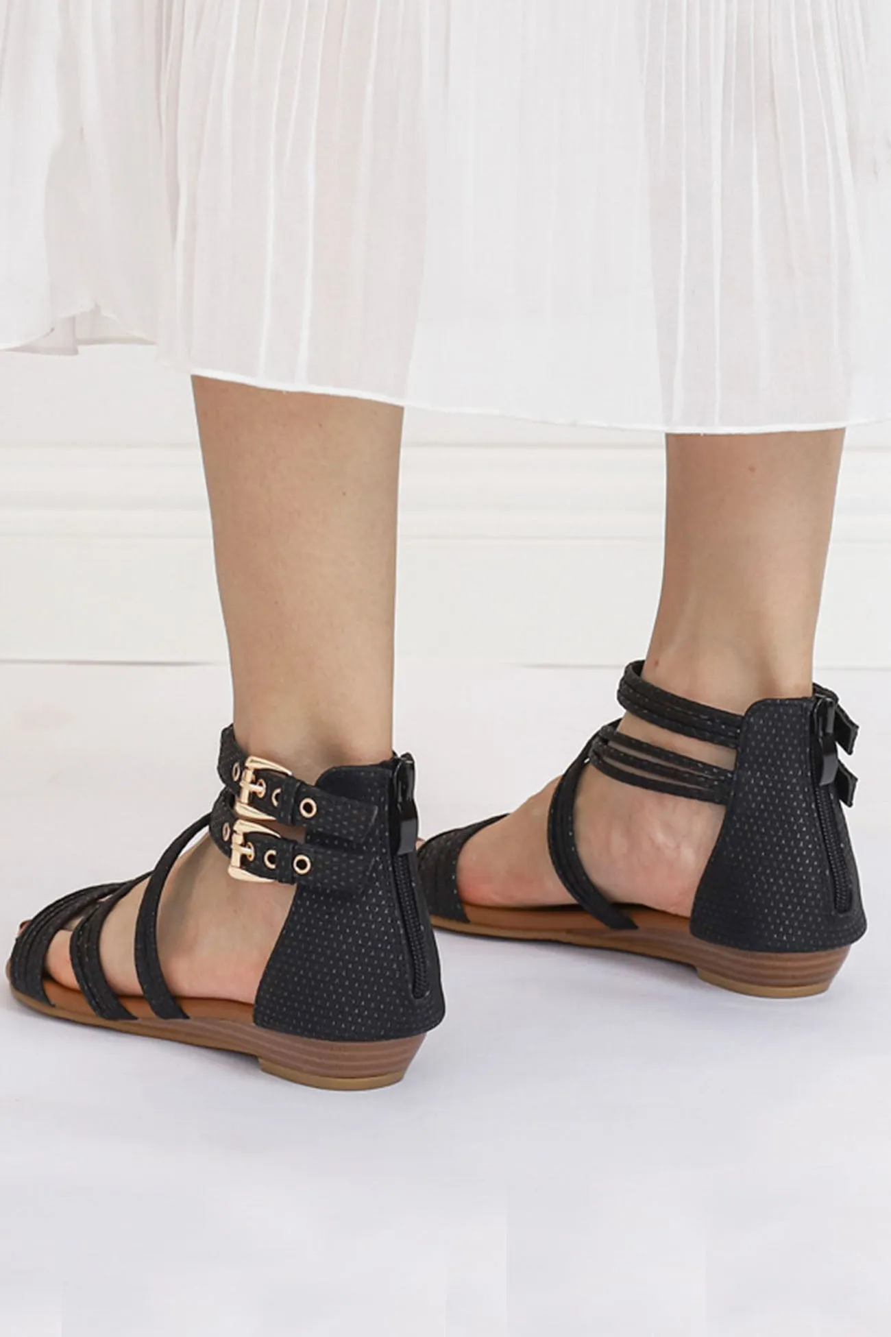 Amozae-Peep Toe Ankle Strap Zipper Buckle Sandals