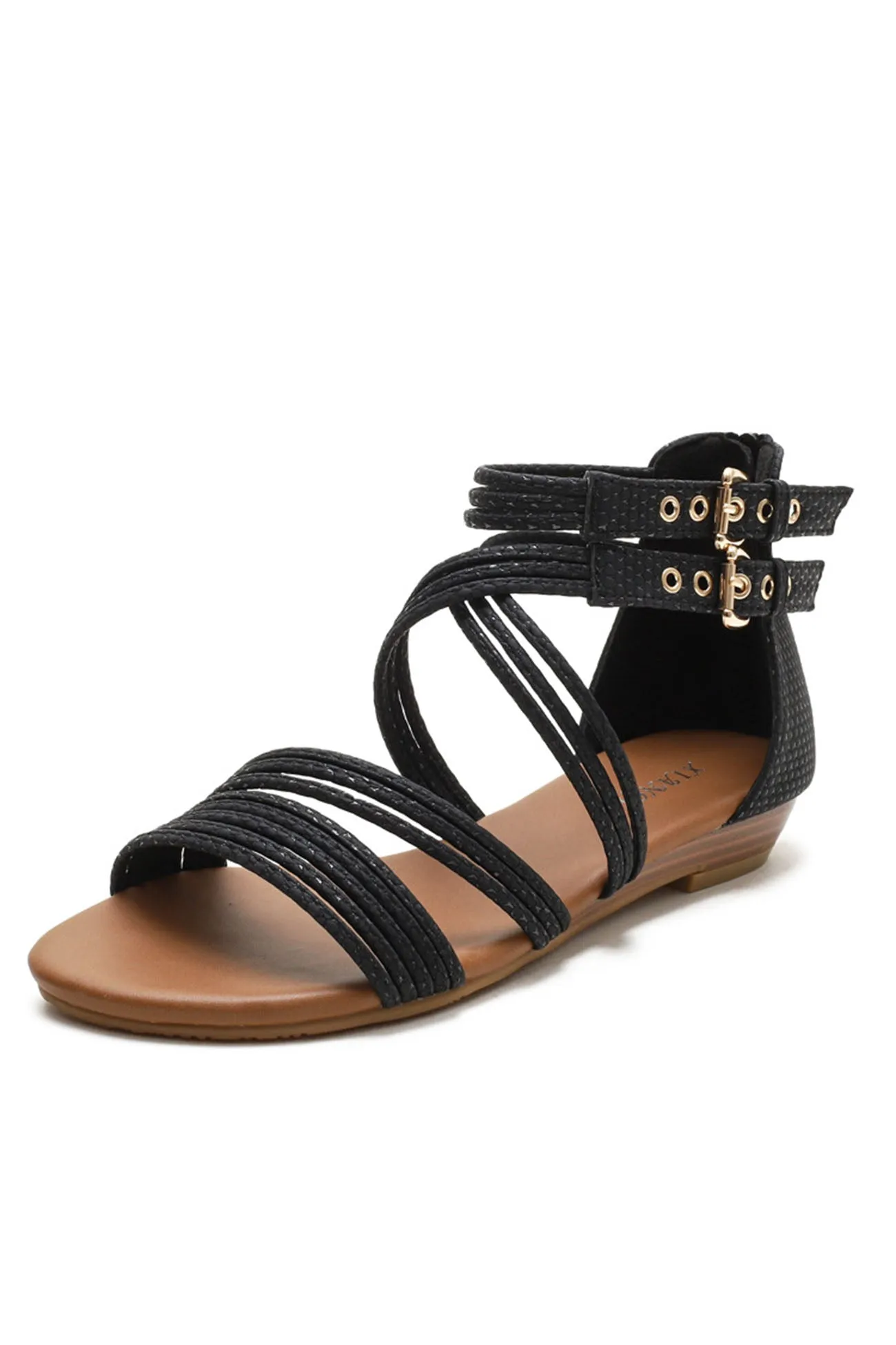 Amozae-Peep Toe Ankle Strap Zipper Buckle Sandals