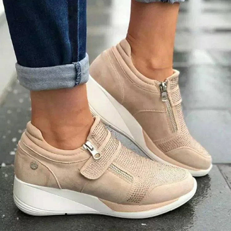 Chicvane Rhinestone Zipper Wedged Velcro Sneakers