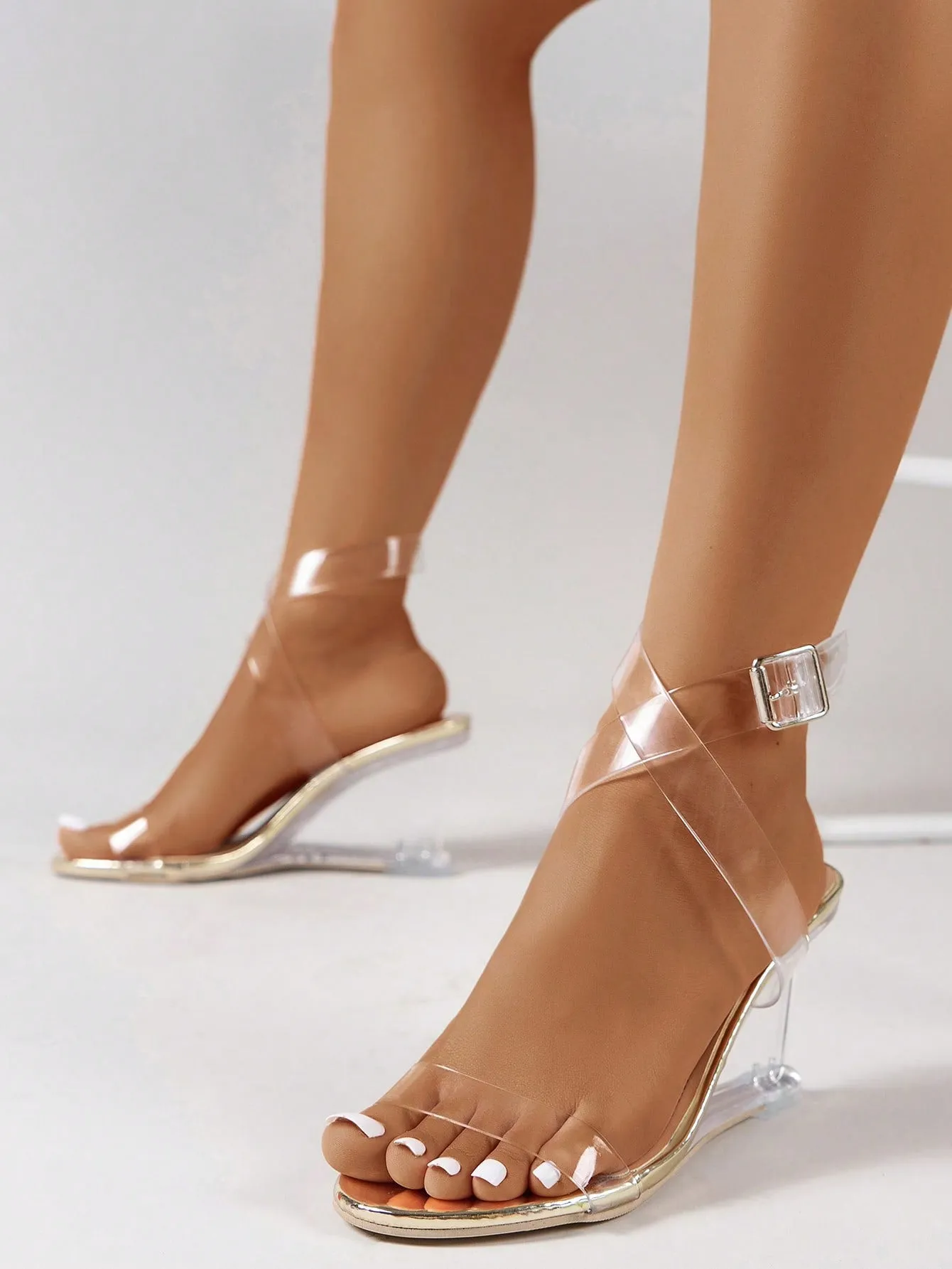 Fashionable Ankle Strap Wedge Sandals Clear Strap Wedge Sandals