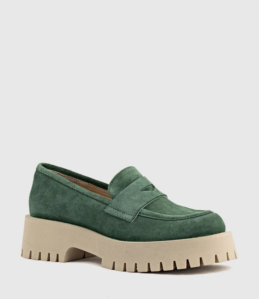 GREVILLE Loafer on Lug Sole in Green Suede