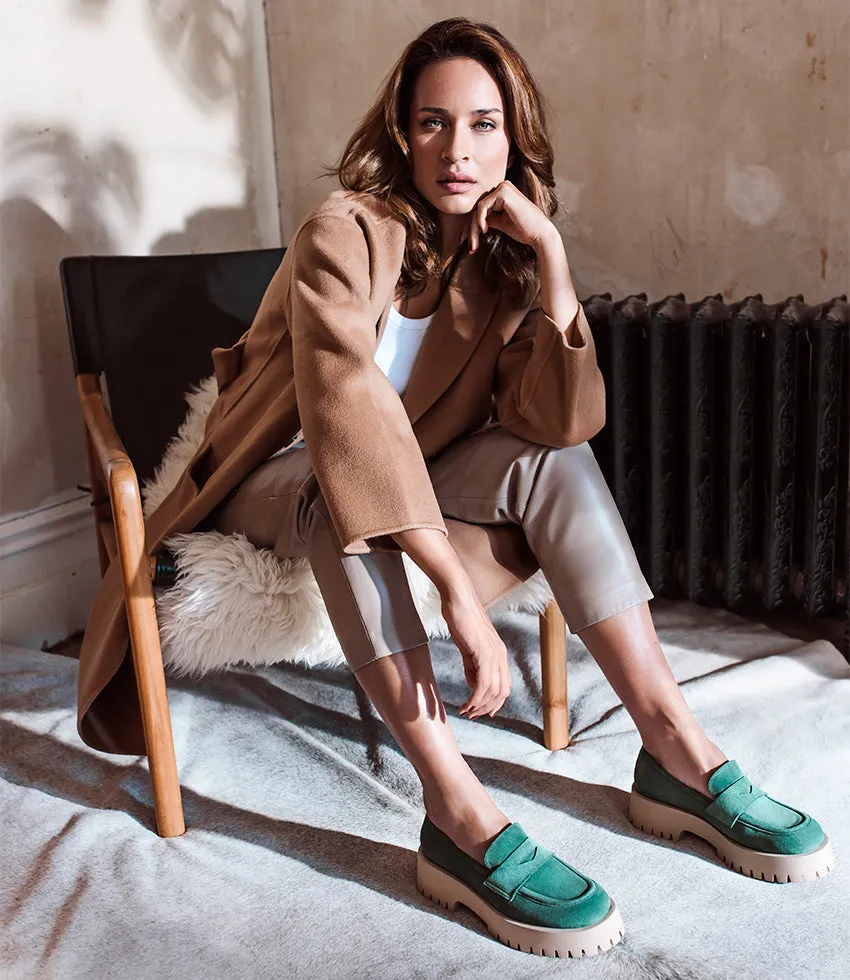 GREVILLE Loafer on Lug Sole in Green Suede