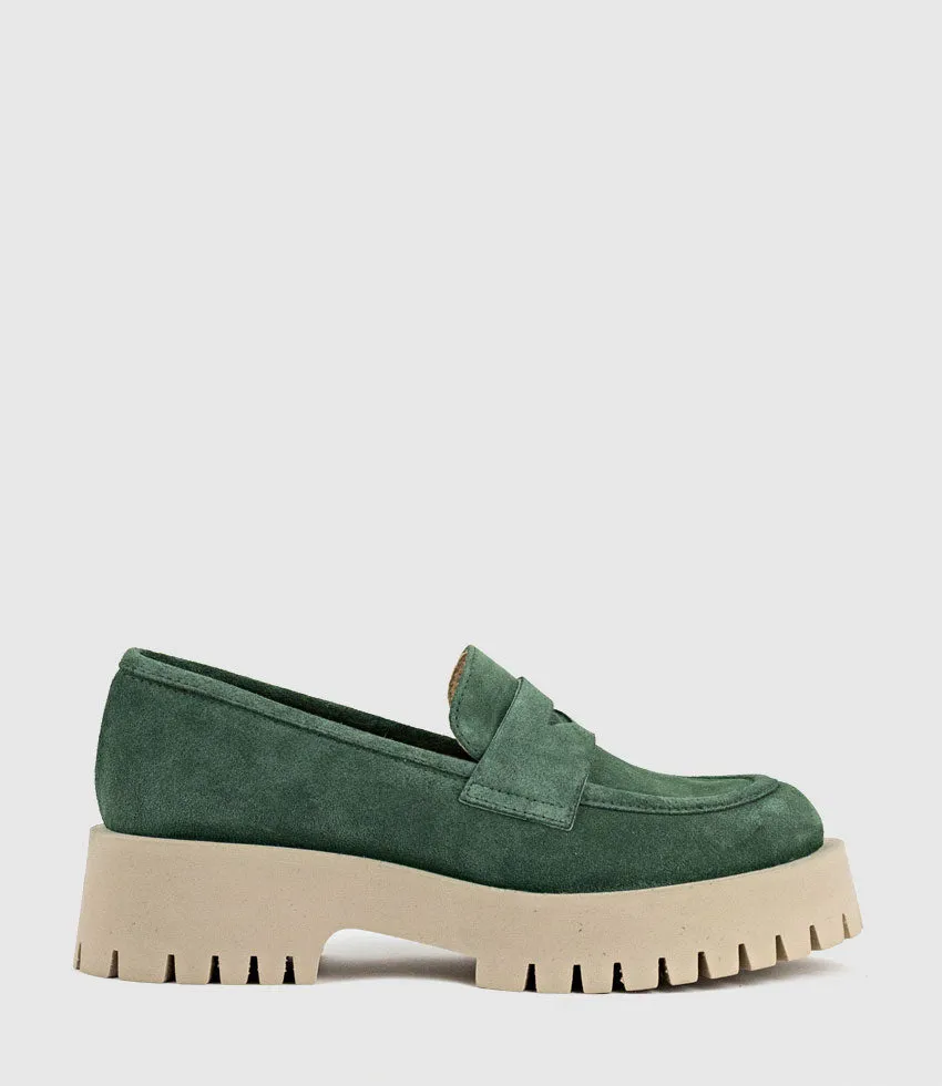 GREVILLE Loafer on Lug Sole in Green Suede