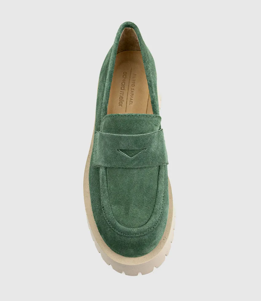 GREVILLE Loafer on Lug Sole in Green Suede