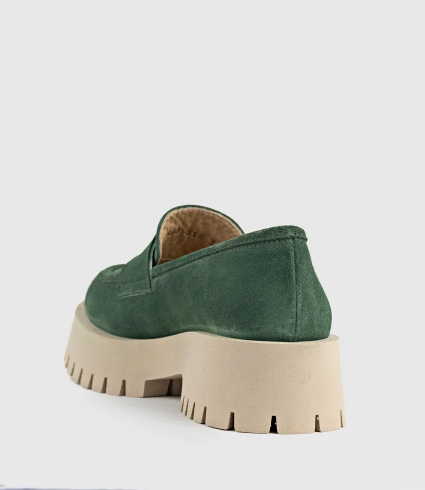 GREVILLE Loafer on Lug Sole in Green Suede