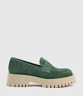 GREVILLE Loafer on Lug Sole in Green Suede
