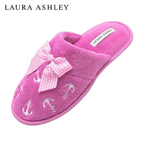 Laura Ashley Ladies Embroidered Soft Terry Anchor Scuff Slipper Magenta Size M