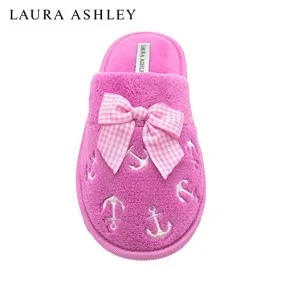 Laura Ashley Ladies Embroidered Soft Terry Anchor Scuff Slipper Magenta Size M
