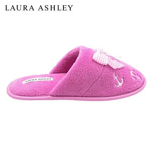 Laura Ashley Ladies Embroidered Soft Terry Anchor Scuff Slipper Magenta Size M