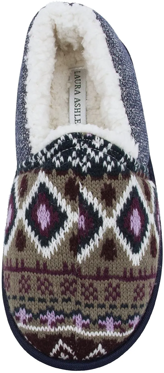 Laura Ashley Ladies Knit Closed Back Slippers with Faux Sherpa Lining