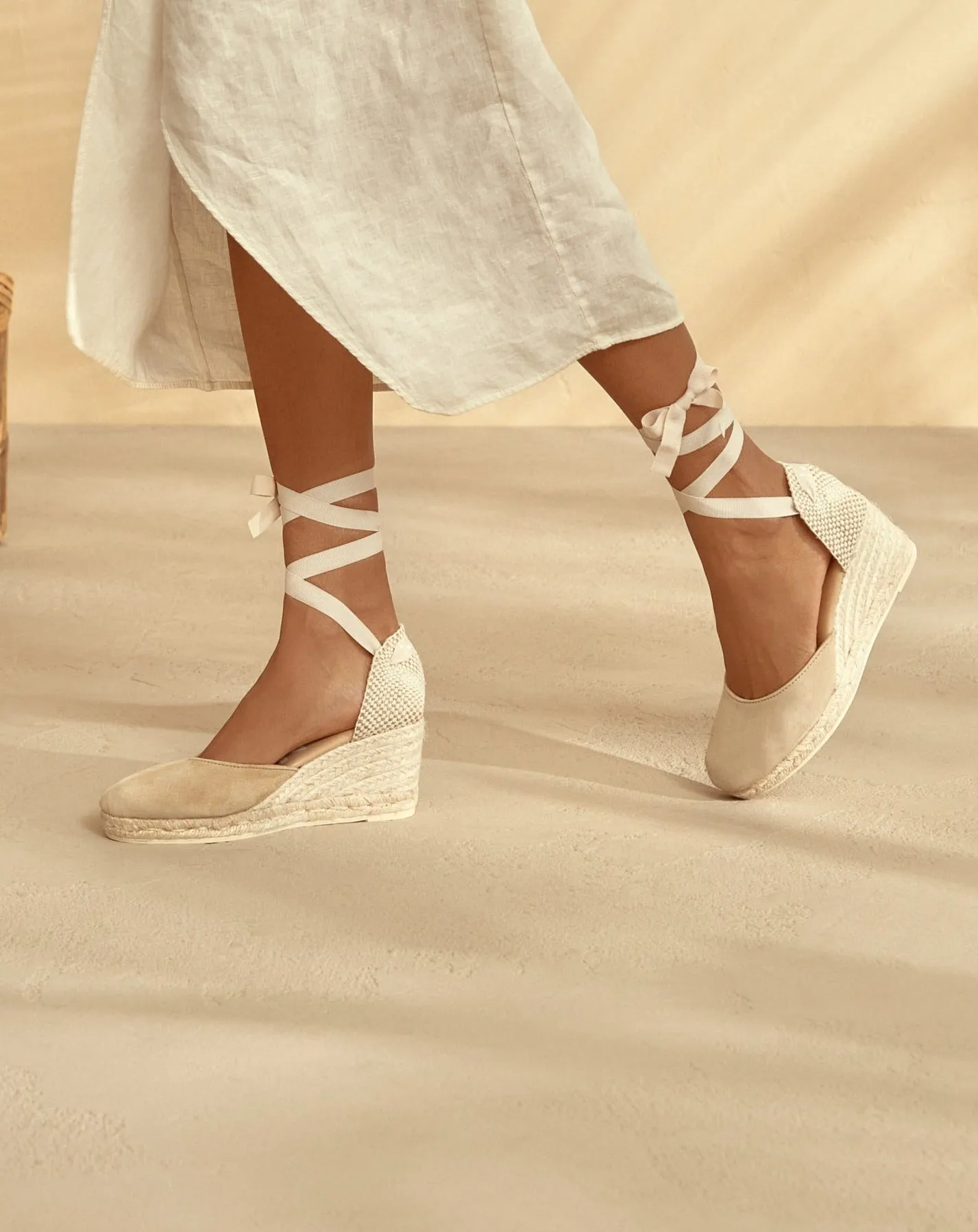 Soft Suede Low Wedge Espadrilles - M11WL - Hamptons Champagne Beige