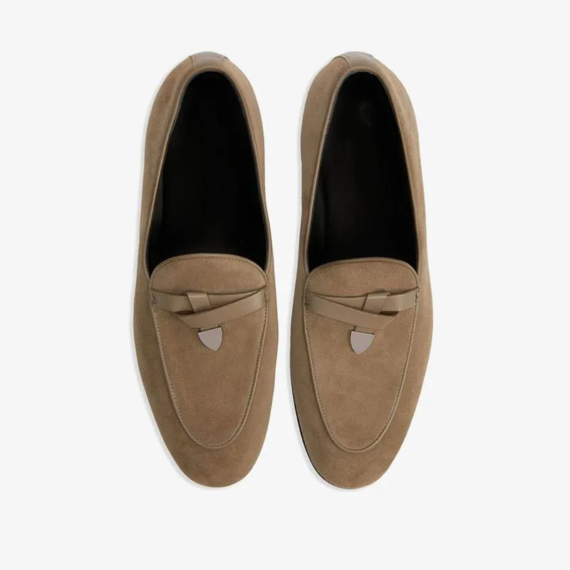 Taupe Brown Suede Almond-Toe Loafers