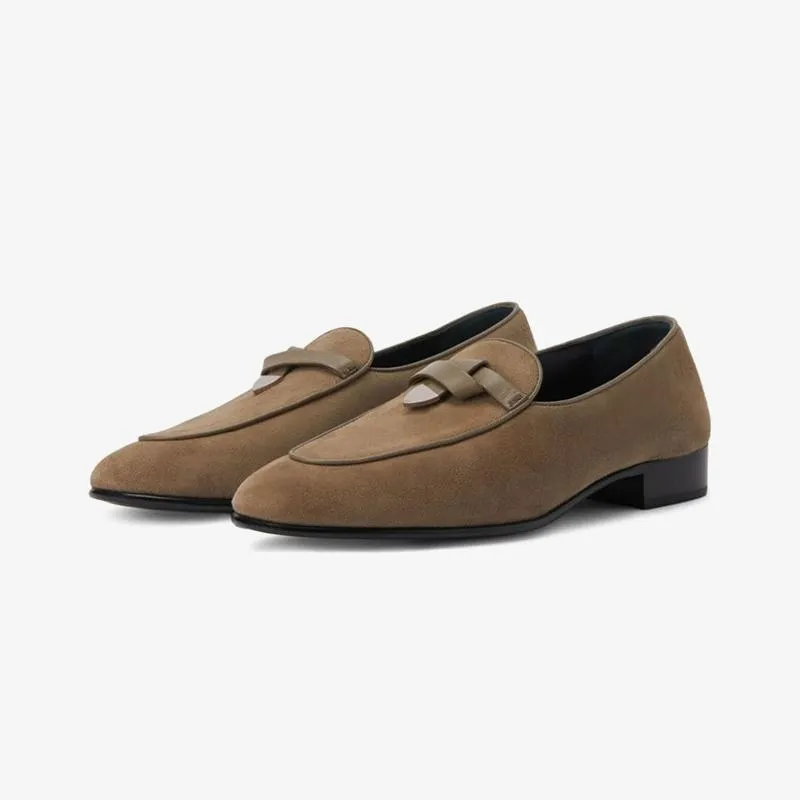 Taupe Brown Suede Almond-Toe Loafers