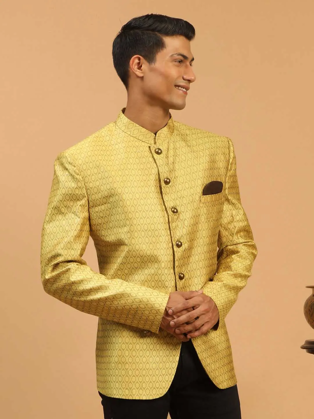 VASTRAMAY Men's Yellow Silk Blend Woven Jodhpuri