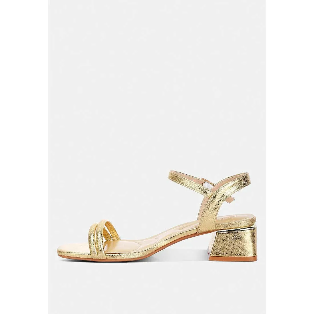 Zabou Metallic Ankle Strap Low Block Heels